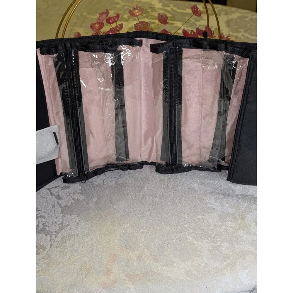 Mary Kay Folding Makeup Organizer Bag Black/Pink Zippered Clear Pouches